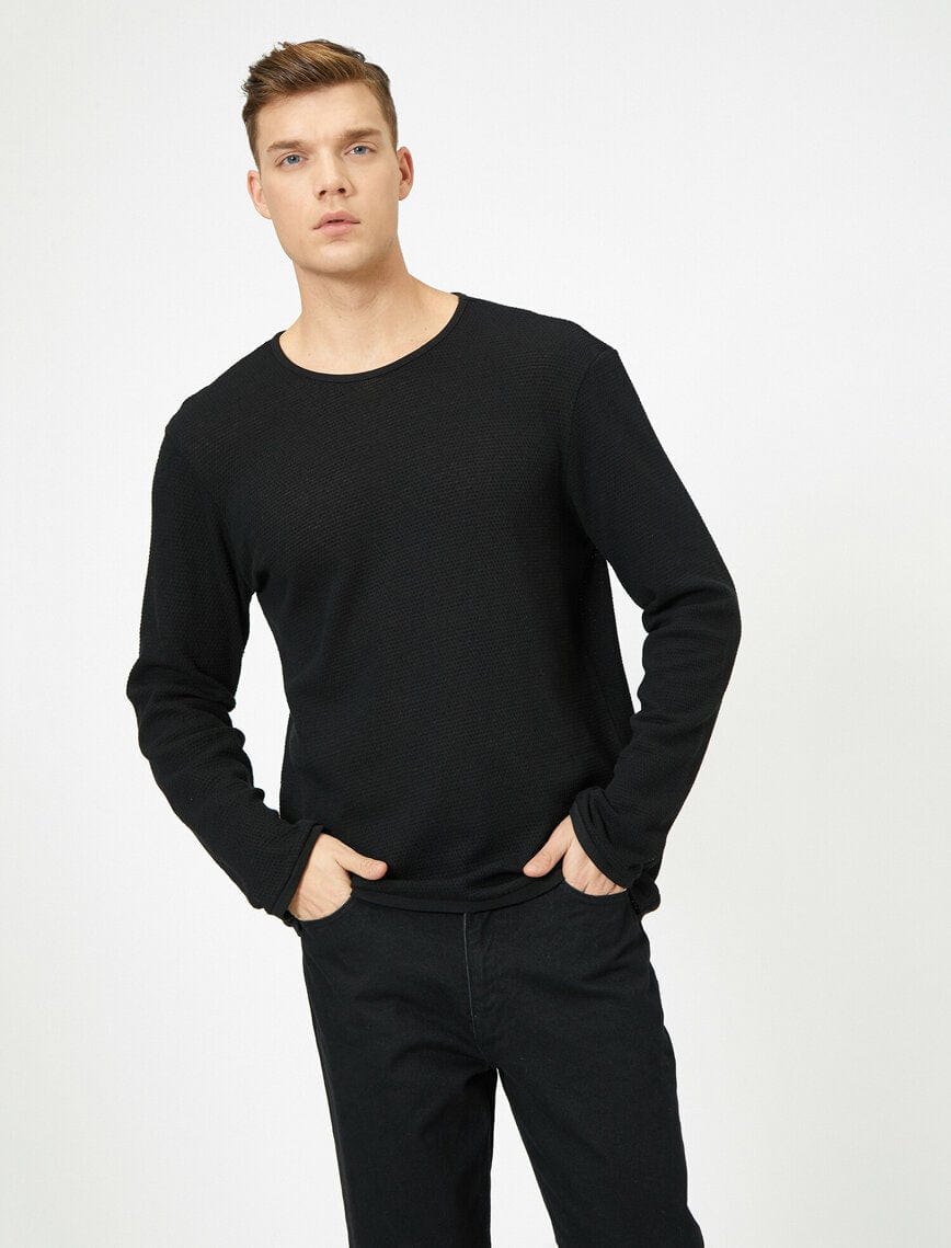 Textured Crew Neck Sweater in Black - Usolo Outfitters-KOTON