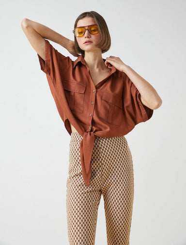 Tie Front Boxy Crop Button Up Shirt in Brown - Usolo Outfitters-KOTON