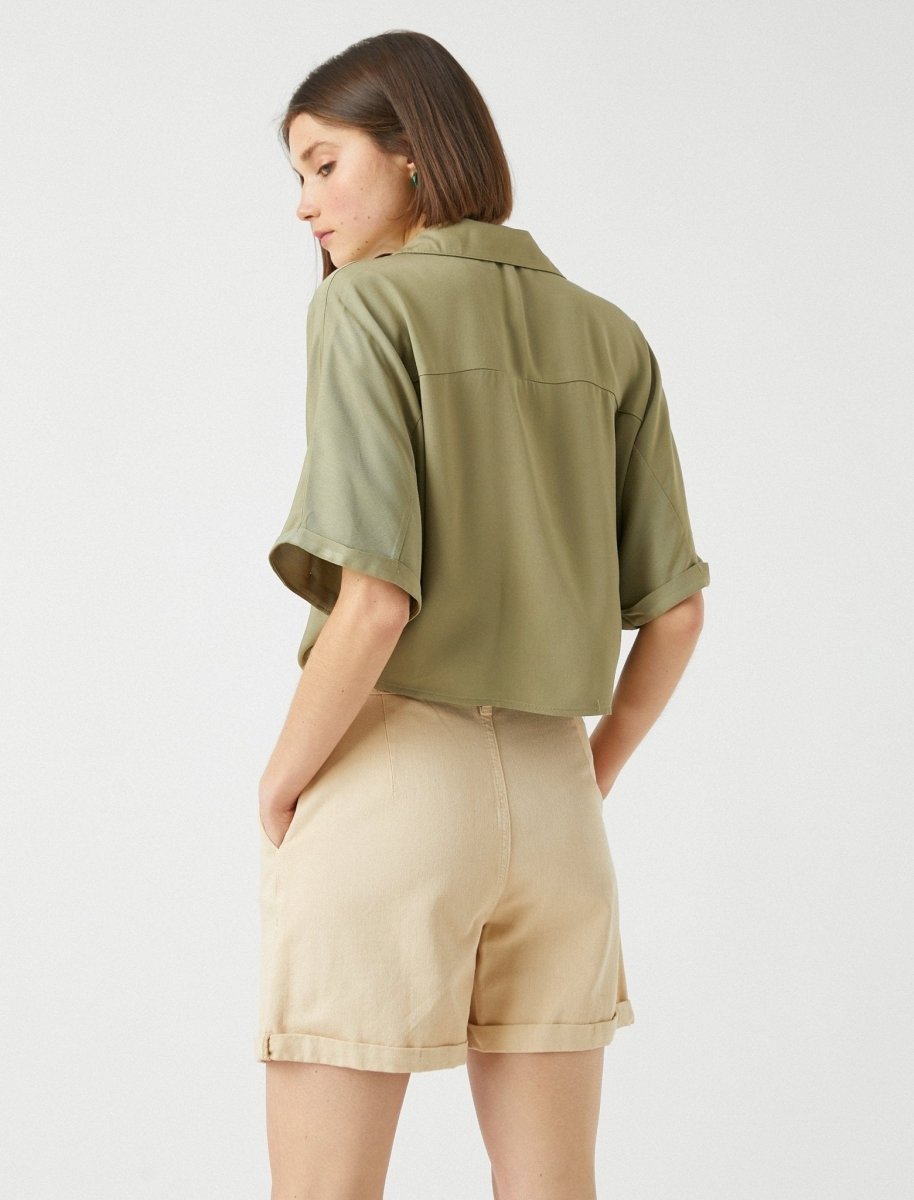 Tie Front Boxy Crop Button Up Shirt in Green - Usolo Outfitters-KOTON
