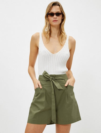 Tie Front Linen Shorts in Olive - Usolo Outfitters-KOTON