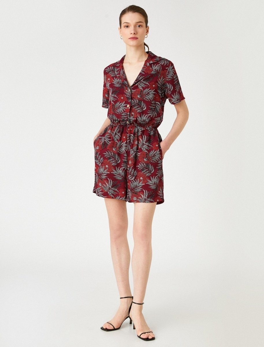 Tropical Print Button Up Shirt Romper in Merlot - Usolo Outfitters-KOTON