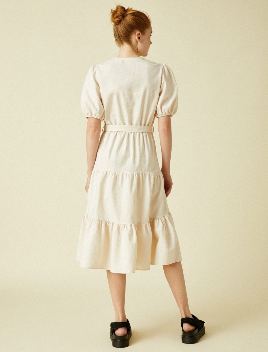 V-Neck Midi Linen Dress in Beige - Usolo Outfitters-KOTON