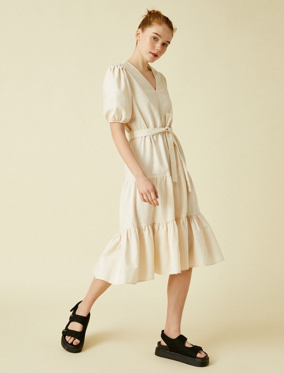 V-Neck Midi Linen Dress in Beige