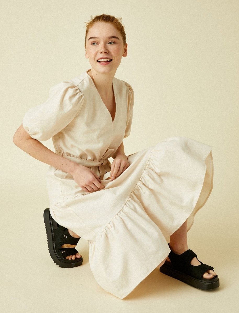 V-Neck Midi Linen Dress in Beige V-Neck Midi Linen Dress in Beige