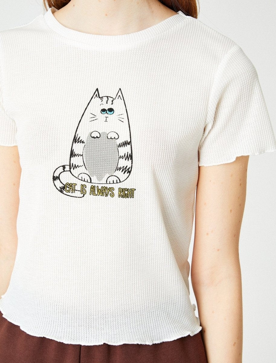 Waffle Crop Cat Graphic T-shirt in White - Usolo Outfitters-KOTON