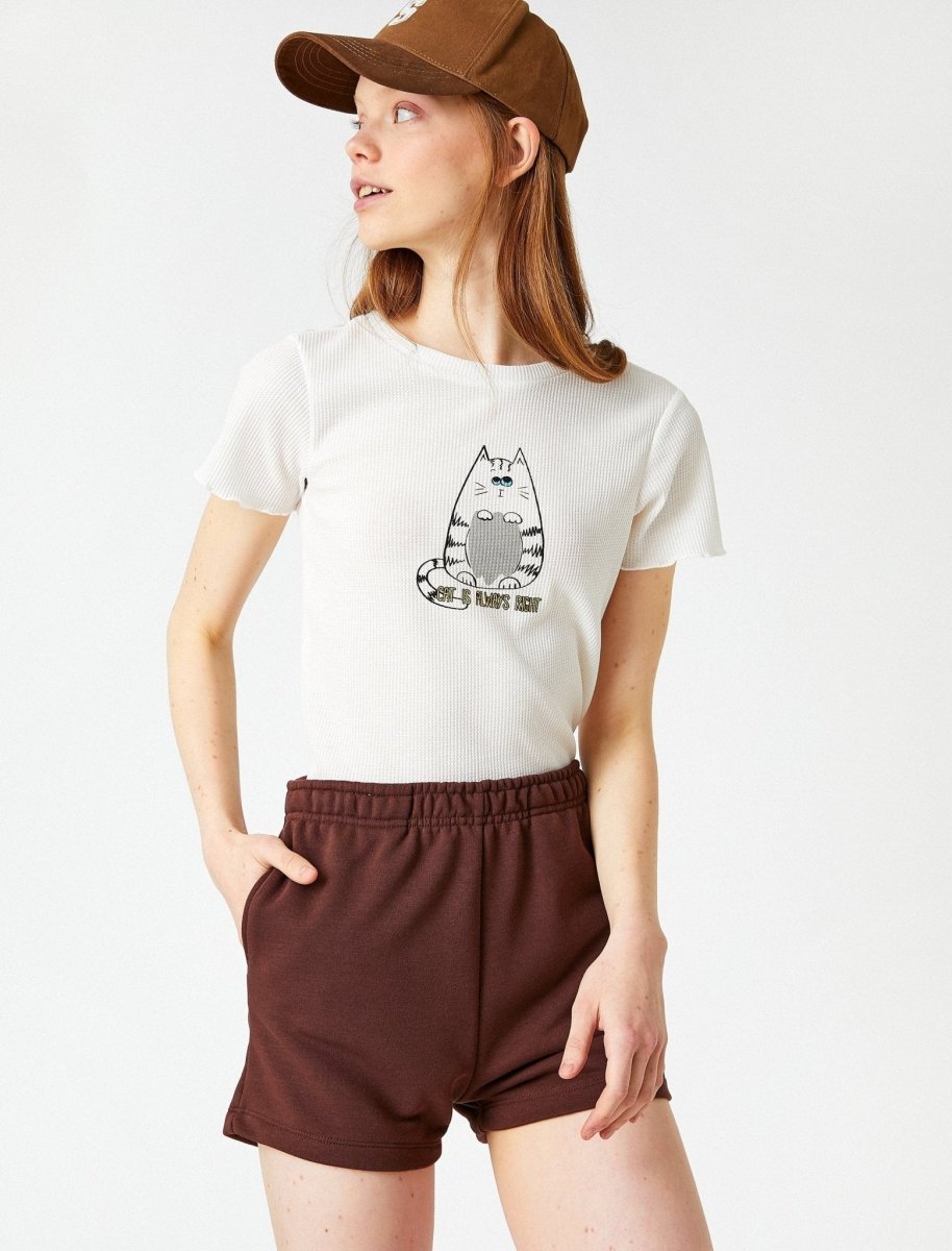Waffle Crop Cat Graphic T-shirt in White - Usolo Outfitters-KOTON