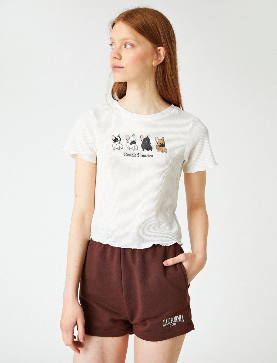 Waffle Crop Dog Graphic T-shirt in White - Usolo Outfitters-KOTON