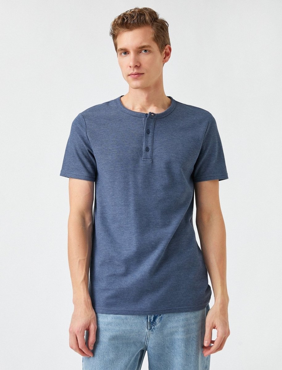 Waffle Henley SS T-shirt in Indigo - Usolo Outfitters-KOTON