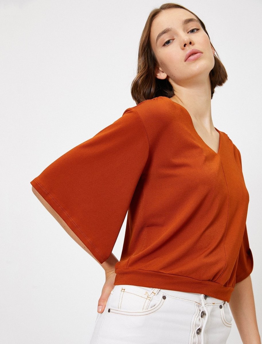 Wide Sleeve Blouse in Red Clay - Usolo Outfitters-KOTON